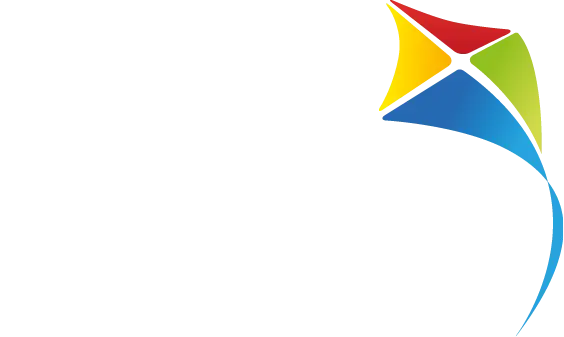 Logo de Banigualdad en letras blancas con un volantín de cuatro colores: amarillo, rojo azul y verde.